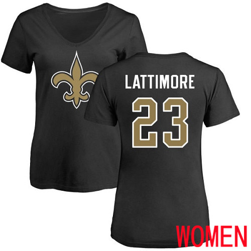New Orleans Saints Black Women Marshon Lattimore Name and Number Logo Slim Fit NFL Football #23 T Shirt->women nfl jersey->Women Jersey